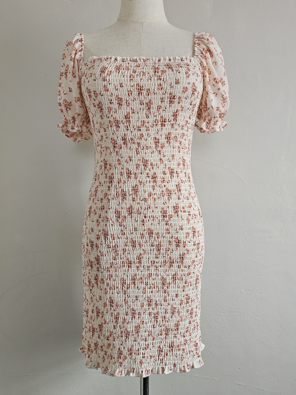Trixxi Smocked Puff-Sleeve Mini Dress - Cream with Rust Floral